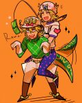  &gt;:) 2boys :d ^_^ absurdres artist_name belt belt_buckle blonde_hair boots brown_footwear buckle carrot_on_stick closed_eyes cowboy_boots diego_brando dinosaur_tail drooling english_commentary film_grain freckles gloves green_eyes green_shirt hair_between_eyes highres holding horseshoe_ornament huyandere jojo_no_kimyou_na_bouken long_sleeves medium_hair midriff money motion_lines multiple_boys navel orange_background riding sharp_teeth shirt short_sleeves simple_background smile sparkle spurs star_(symbol) star_print stick sweater tail tail_wagging teeth turtleneck twitter_username v-shaped_eyebrows white_gloves white_headwear white_shirt 