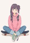  1girl ashima_fuji backpack bag brown_eyes brown_hair closed_mouth colored_inner_hair denim full_body grey_background hood hoodie jeans looking_at_viewer multicolored_hair original pants pink_hoodie purple_hair shoes side_ponytail simple_background sitting skateboard sneakers solo 