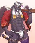  1boy abs absurdres alternate_costume animal_ears bara bulge facial_hair feathered_wings feet_out_of_frame fundoshi furry furry_male goatee gun happi head_tilt highres holding holding_gun holding_weapon jaguar_boy jaguar_ears jaguar_tail japanese_clothes large_pectorals long_hair male_focus mature_male muscular muscular_male navel navel_hair nipples no_pants official_alternate_costume one_eye_covered over_shoulder pectoral_cleavage pectorals smile solo stomach tail tezcatlipoca_(housamo) thick_eyebrows thick_thighs thighs tokyo_afterschool_summoners uiokv weapon weapon_over_shoulder wings 