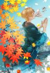  1boy aki963852 autumn autumn_leaves blonde_hair closed_eyes highres japanese_clothes kimono leaf male_focus maple_leaf mouth_hold natsume_takashi natsume_yuujinchou outdoors praying solo standing talisman 