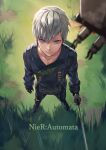  1boy bangs black_footwear black_jacket black_pants buttons collarbone double-breasted drone from_above full_body grass grey_hair highres holding holding_sword holding_weapon jacket looking_at_viewer looking_up male_focus nier_(series) nier_automata pants shoes short_hair solo standing sword weapon yorha_no._9_type_s yoshio_(55level) 