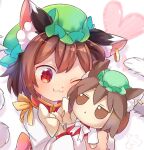  1girl :&lt; ;3 animal_ear_fluff animal_ears artist_logo bangs blush bow bowtie brown_eyes brown_hair cat_ears cat_tail character_doll chen commentary_request doll earrings fang fang_out fumo_(doll) gold_trim green_headwear happy hat heart holding holding_doll ibaraki_natou jewelry multiple_tails nekomata one_eye_closed pillow_hat red_skirt red_vest ribbon shirt short_hair simple_background single_earring skirt smile solo standing tail touhou two_tails upper_body vest white_background white_bow white_bowtie white_shirt white_sleeves yellow_neckwear yellow_ribbon 