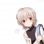  1girl ? ahoge artist_logo backpack bag blue_bag blue_eyes blush cardigan chiba_sadoru closed_mouth dot_mouth dot_nose expressionless gakkou_gurashi! hair_behind_ear hair_between_eyes half_updo hand_up holding_strap long_sleeves looking_at_viewer naoki_miki off_shoulder official_art older open_cardigan open_clothes peeking_out platinum_blonde_hair shiny shiny_skin short_hair single_bare_shoulder sleeveless sleeveless_turtleneck solo speech_bubble spoilers spoken_question_mark turtleneck twitter_username upper_body white_background white_cardigan 