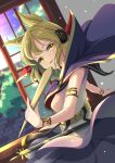  1girl amanoyayuki armlet bangs belt black_sailor_collar blonde_hair blurry blurry_background blush breasts bush cape cloud commentary dress earmuffs gold_belt gold_bracelet gold_trim highres holding large_breasts light_particles looking_at_viewer open_mouth pointy_hair purple_cape purple_skirt ritual_baton sailor_collar sheath short_hair sidelocks skirt sleeveless sleeveless_dress solo standing sword touhou toyosatomimi_no_miko tree two-sided_cape two-sided_fabric upper_body wall weapon window 