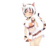  1girl animal_ears bangs bell calico cat_ears cat_girl cat_tail crop_top goutokuji_mike hasu_ko highres jingle_bell maneki-neko medium_skirt midriff multicolored_clothes multicolored_hair multicolored_shirt multicolored_tail navel neck_bell orange_eyes patches patchwork_clothes paw_pose short_hair skirt solo streaked_hair tail touhou white_hair 