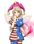  1girl absurdres alternate_breast_size american_flag american_flag_dress american_flag_legwear blonde_hair blue_dress blue_legwear breasts clownpiece commentary cowboy_shot dress fairy fairy_wings fire flag_print frills hand_on_own_face hat highres jester_cap large_breasts leo23 licking_lips long_hair looking_at_viewer multicolored_clothes multicolored_dress multicolored_legwear neck_ruff older pink_fire pink_headwear polka_dot_headwear red_dress red_eyes red_legwear short_sleeves smile solo standing star_(symbol) star_print striped striped_dress striped_legwear tongue tongue_out torch touhou white_background wings wrist_cuffs 