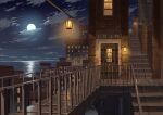  absurdres ame246 building cityscape cloud commentary_request door fence full_moon highres lamp light moon moonlight night night_sky no_humans ocean original scenery sign sky stairs stone_stairs town window 