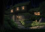  absurdres ame246 boulder building bush chimney commentary_request door grass highres house lantern light moss night no_humans original path plant rock rooftop scenery stairs stone_stairs tree window 