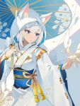  1girl animal_ear_fluff animal_ears azur_lane bangs bell blue_eyes breasts commentary eyebrows_visible_through_hair fox_ears fox_girl fox_tail highres hood japanese_clothes kaga_(azur_lane) kaga_(sacred_blue_lily)_(azur_lane) kimono long_sleeves looking_to_the_side medium_breasts multiple_tails obi obijime official_alternate_costume oil-paper_umbrella open_mouth origami sash shikigami short_hair sidelocks solo tail tupolev-160_(artist) uchikake umbrella white_hair white_kimono wide_sleeves 