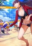  5girls absurdres ass_visible_through_thighs bare_shoulders barefoot beach bikini black_hair blue_eyes breasts choker cleavage cloud commentary cross cross_choker day earrings english_commentary fate/grand_order fate_(series) frilled_bikini frills fujimaru_ritsuka_(female) grin hair_between_eyes highres jewelry large_breasts long_hair martha_(fate) martha_(swimsuit_ruler)_(fate) mash_kyrielight minamoto_no_raikou_(fate) multiple_girls navel ocean sand sky smile swimsuit very_long_hair volleyball volleyball_net water yoshio_(55level) 