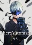  1boy bangs black_feathers black_gloves blindfold character_name choker commentary commentary_request copyright_name covered_eyes cube feathers gloves grey_background highres holding light_smile male_focus nier_(series) nier_automata silver_hair solo yorha_no._9_type_s yoshio_(55level) 