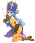  1girl aqua_hair bodysuit boots breasts cross dragon_quest dragon_quest_iii full_body gloves hat long_hair looking_at_viewer mitre mota orange_bodysuit priest_(dq3) red_eyes simple_background skin_tight smile solo tabard white_background 