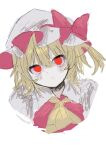  1girl :o absurdres amagi_xx ascot bangs blonde_hair blush bow commentary_request eyebrows_visible_through_hair flandre_scarlet frilled_shirt_collar frills glowing glowing_eyes hair_between_eyes hat hat_ribbon highres mob_cap open_mouth puffy_sleeves red_bow red_eyes red_ribbon red_vest ribbon short_hair simple_background solo touhou upper_body vest white_background yellow_ascot 