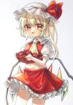  1girl ascot bangs blonde_hair bow commentary crystal eyebrows_visible_through_hair flandre_scarlet frilled_shirt_collar frilled_skirt frills hat hat_ribbon highres hisako_(6anmbblfnjueeff) looking_at_viewer medium_hair mob_cap one_side_up puffy_short_sleeves puffy_sleeves red_bow red_eyes red_ribbon red_skirt red_vest ribbon short_hair short_sleeves skirt solo touhou traditional_media vest wavy_hair white_background wings yellow_neckwear 