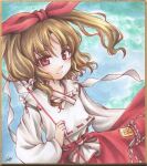  1girl blonde_hair blonde_shrine_maiden_from_a_future_era_(touhou) bow detached_sleeves eyebrows_visible_through_hair gohei hair_bow highres io_(maryann_blue) japanese_clothes medium_hair miko ofuda portrait_of_exotic_girls red_bow red_eyes red_skirt shirt side_ponytail skirt sleeveless sleeveless_shirt smile touhou traditional_media white_shirt wide_sleeves 