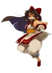  1girl ainu_clothes black_hair blue_eyes bow breasts full_body gloves hair_bow hairband knife long_hair looking_at_viewer mota nakoruru red_bow samurai_spirits simple_background solo weapon white_background 