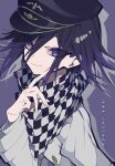  1boy absurdres bangs black_headwear black_scarf buttons character_name checkered checkered_scarf commentary danganronpa_(series) danganronpa_v3:_killing_harmony flipped_hair grey_background grey_jacket grey_scarf hair_between_eyes hand_up highres jacket long_fingers long_sleeves looking_at_viewer male_focus mochizuki_kei ouma_kokichi purple_background purple_eyes purple_hair scarf shiny shiny_hair short_hair smile solo 