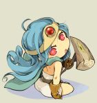  1girl blue_hair cape chibi circlet dragon_quest dragon_quest_iii dress full_body gloves long_hair looking_at_viewer mota open_mouth red_eyes sage_(dq3) simple_background solo staff 