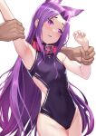  1girl bangs breasts collar fate/grand_order fate_(series) forehead highres long_hair male_hand medusa_(fate) medusa_(lancer)_(fate) parted_bangs purple_collar purple_eyes purple_hair ribs rui_rubellent sidelocks small_breasts thighs very_long_hair 