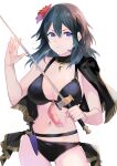  1girl bangs bikini black_bikini black_cape black_swimsuit blue_eyes blue_hair breasts byleth_(fire_emblem) byleth_(fire_emblem)_(female) cape cleavage closed_mouth collarbone commentary_request cowboy_shot dagger fire_emblem fire_emblem:_three_houses fire_emblem_heroes flower hair_between_eyes hair_flower hair_ornament hand_up highres holding holding_sword holding_weapon jewelry knife large_breasts long_hair looking_at_viewer midriff navel necklace official_alternate_costume sheath sheathed sidelocks simple_background single_bare_shoulder solo standing swimsuit sword umou_(user_xxhp7583) weapon white_background 