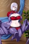  1girl alternate_costume arachne arthropod_girl bandeau bangs blush breasts carapace cleavage closed_mouth commission english_commentary extra_eyes eyebrows_visible_through_hair groin hair_between_eyes hands_on_own_chest indoors large_breasts lindaroze looking_at_viewer midriff monster_girl monster_musume_no_iru_nichijou multiple_legs navel patreon_username plant potted_plant rachnera_arachnera red_bandeau red_eyes red_shorts red_sleeves shadow short_hair short_shorts shorts shrug_(clothing) sidelocks silk silver_hair smile solid_eyes solo spider_girl spider_web taur twitter_username web_address 