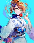  1girl :o bangs banned_artist beatrix_(granblue_fantasy) belt blue_background blue_nails bracelet brown_hair candy_apple choker commentary_request cowboy_shot fish food frilled_sleeves frills granblue_fantasy green_eyes hair_ornament hairpin holding holding_food japanese_clothes jewelry kimono long_sleeves looking_at_viewer obi parted_lips sash solo tied_hair tsukumi_(tkmillust) wide_sleeves yukata 