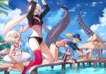  5girls absurdres ahoge alternate_costume artoria_pendragon_(fate) bangs barefoot baseball_cap bikini black_bikini black_choker black_jacket blonde_hair blue_eyes blue_jacket blue_sky breasts casual_one-piece_swimsuit choker cloud commentary_request cropped_jacket day eyepatch_bikini facial_mark fate/grand_order fate_(series) flat_chest forehead_mark hair_through_headwear hat headpiece highres horns ibaraki_douji_(fate) ibaraki_douji_(swimsuit_lancer)_(fate) innertube jacket jeanne_d&#039;arc_(alter_swimsuit_berserker)_(fate) jeanne_d&#039;arc_(fate) jeanne_d&#039;arc_alter_santa_lily_(fate) jumping large_breasts long_hair low-tied_long_hair medium_breasts midair minamoto_no_raikou_(fate) minamoto_no_raikou_(swimsuit_lancer)_(fate) multiple_girls mysterious_heroine_xx_(fate) navel o-ring o-ring_bikini o-ring_bottom o-ring_top ocean one-piece_swimsuit oni oni_horns outdoors palm_tree parted_bangs pier pointy_ears purple_bikini purple_eyes purple_hair red_legwear shrug_(clothing) side-tie_bikini silver_hair single_thighhigh sitting sky small_breasts swimsuit tentacles thigh_strap thighhighs tree very_long_hair water white_bikini white_swimsuit wristband yellow_eyes yoshio_(55level) zipper_pull_tab 