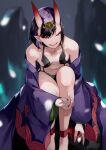  1girl bangs bare_shoulders blurry blurry_background breasts fate/grand_order fate_(series) grey_background highres horns japanese_clothes kimono leaning_forward looking_at_viewer off_shoulder oni oni_horns pointy_ears purple_eyes purple_hair purple_kimono shiny shiny_hair short_hair shuten_douji_(fate) small_breasts smile solo teeth wings yoshio_(55level) 