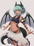  1girl aqua_eyes arm_tattoo commission dark-skinned_female dark_skin dragon_girl dragon_tail dragon_wings fingernails flat_chest gold green_hair hairband highres jewelry navel necklace original pointy_ears sharp_fingernails short_hair skeb_commission solo tail tattoo wings yonaga 