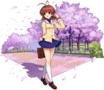  1girl :d antenna_hair ark_order artist_request bangs beige_jacket blue_skirt blue_sweater breasts brown_eyes brown_footwear brown_hair bush buttons cherry_blossoms clannad faux_figurine fence full_body furukawa_nagisa hikarizaka_private_high_school_uniform kneehighs loafers looking_to_the_side official_art pleated_skirt sailor_collar school_uniform shadow shoes short_hair skirt sleeve_cuffs smile solo sweater transparent_background tree walking white_legwear white_sailor_collar 