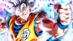  1boy aura clenched_hand closed_mouth dougi dragon_ball dragon_ball_super fighting_stance grey_eyes grey_hair male_focus muscular muscular_male rom_(20) solo son_goku ultra_instinct upper_body wristband 