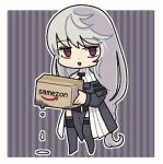  1girl amazon_(company) arknights bangs black_dress black_legwear box brand_name_imitation cardboard_box chibi commentary_request dress eyebrows_visible_through_hair full_body holding holding_box long_hair looking_at_viewer nekomdr no_headwear parted_lips pun red_eyes silver_hair solo specter_(arknights) standing thigh_strap thighhighs very_long_hair 