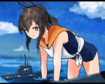  1girl absurdres all_fours blue_sky blue_swimsuit brown_eyes brown_hair cloud day hair_ornament highres i-401_(kancolle) i-401_(submarine) kan6e_ver kantai_collection looking_at_viewer object_namesake orange_sailor_collar outdoors ponytail sailor_collar school_swimsuit shirt short_hair side-tie_shirt sky sleeveless sleeveless_shirt solo submarine swimsuit swimsuit_under_clothes watercraft 