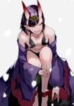  1girl bangs bare_shoulders breasts fate/grand_order fate_(series) grey_background highres horns japanese_clothes kimono leaning_forward looking_at_viewer off_shoulder oni oni_horns pointy_ears purple_eyes purple_hair purple_kimono shiny shiny_hair short_hair shuten_douji_(fate) simple_background small_breasts smile solo teeth yoshio_(55level) 