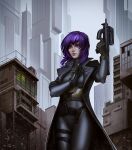  1girl absurdres black_bodysuit black_jacket bodysuit breasts building ghost_in_the_shell gun highres holding holding_gun holding_magazine_(weapon) holding_weapon ivan_yakushev jacket kusanagi_motoko looking_ahead medium_breasts medium_hair purple_eyes purple_hair realistic reloading skyscraper solo submachine_gun weapon 