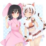  2girls animal_ears bangs bell black_hair bunny calico carrot_necklace cat cat_ears cat_girl cat_tail commentary_request crop_top dress floppy_ears gesture goutokuji_mike hasu_ko highres inaba_tewi jewelry jingle_bell maneki-neko medium_skirt midriff multicolored_clothes multicolored_hair multicolored_shirt multicolored_skirt multicolored_tail multiple_girls navel neck_bell orange_eyes patches patchwork_clothes paw_pose pendant pink_dress puffy_short_sleeves puffy_sleeves rabbit_ears rabbit_tail red_eyes short_hair short_sleeves skirt streaked_hair tail touhou white_hair 