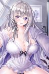  1girl azur_lane bin_murasaki bra breasts cleavage eyebrows_visible_through_hair hair_ribbon heterochromia highres indoors large_breasts long_hair looking_at_viewer murmansk_(azur_lane) murmansk_(sceneries_of_pure_snow)_(azur_lane) official_alternate_costume open_clothes platinum_blonde_hair purple_eyes ribbon see-through sitting solo underwear white_bra white_nightgown white_ribbon window 