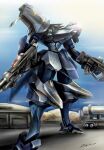  absurdres aircraft airplane american_flag blue_eyes dual_wielding extra_eyes f-22_raptor f-22a_raptor_(muvluv) fighter_jet gun highres holding holding_gun holding_weapon jet lens_flare looking_up mecha military military_vehicle missile moonshine_pizza muvluv muvluv_alternative muvluv_total_eclipse namesake no_humans science_fiction signature solo tactical_surface_fighter weapon 