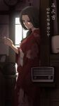  1girl brown_eyes check_commentary commentary_request floral_print highres indoors japanese_clothes kimono laofuzi_dai_bansho miyokichi_(rakugo) photo_(object) radio red_kimono shouwa_genroku_rakugo_shinjuu smoking solo standing teapot 