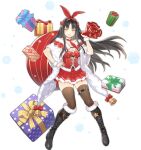  1girl :d ark_order bag bangs black_footwear black_hair black_legwear boots bow bow_hairband breasts capelet christmas cross-laced_footwear fang full_body fur-trimmed_boots fur-trimmed_vest fur_capelet fur_choker fur_cuffs fur_trim gift gift_bag hae_mo-su_of_buyeo_(ark_order) hairband hand_on_hip holding holding_bag large_breasts long_hair looking_at_viewer lpip neckerchief official_art red_bow red_neckerchief red_vest sidelocks skin_fang skindentation smile snowflakes solo tachi-e thigh_strap thighhighs transparent_background vest white_capelet wrist_cuffs yellow_bow yellow_eyes zettai_ryouiki 