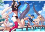  5girls absurdres ahoge alternate_costume artoria_pendragon_(fate) bangs barefoot baseball_cap bikini black_bikini black_choker black_jacket blonde_hair blue_eyes blue_jacket blue_sky breasts casual_one-piece_swimsuit choker cloud commentary_request cropped_jacket day eyepatch_bikini facial_mark fate/grand_order fate_(series) flat_chest forehead_mark hair_through_headwear hat headpiece highres horns ibaraki_douji_(fate) ibaraki_douji_(swimsuit_lancer)_(fate) innertube jacket jeanne_d&#039;arc_(alter_swimsuit_berserker)_(fate) jeanne_d&#039;arc_(fate) jeanne_d&#039;arc_alter_santa_lily_(fate) jumping large_breasts long_hair low-tied_long_hair medium_breasts midair minamoto_no_raikou_(fate) minamoto_no_raikou_(swimsuit_lancer)_(fate) multiple_girls mysterious_heroine_xx_(fate) navel o-ring o-ring_bikini o-ring_bottom o-ring_top ocean one-piece_swimsuit oni oni_horns outdoors palm_tree parted_bangs pier pointy_ears purple_bikini purple_eyes purple_hair red_legwear shrug_(clothing) side-tie_bikini silver_hair single_thighhigh sitting sky small_breasts swimsuit tentacles thigh_strap thighhighs tree very_long_hair water white_bikini white_swimsuit wristband yellow_eyes yoshio_(55level) zipper_pull_tab 