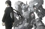  1girl black_hair clenched_hands dual_wielding f-4j_gekishin formal glasses grey_jacket grey_skirt gun highres holding holding_gun holding_weapon jacket kawasemi_alter komaki_sayoko long_hair looking_at_viewer mecha muvluv muvluv_alternative muvluv_alternative_(anime) science_fiction skirt solo suit tactical_surface_fighter tied_hair visor weapon white_background 