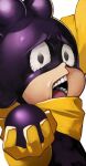  1boy absurdres black_eyes bodysuit boku_no_hero_academia grey_background highres holding looking_at_viewer male_focus mask mineta_minoru open_mouth scarf shiny shiny_clothes simple_background solo teeth yellow_scarf yoshio_(55level) 