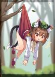 1girl :3 animal_ear_fluff animal_ears bangs blurry blurry_background blush border branch brown_hair cat_ears cat_tail chen commentary_request dress earrings fingernails full_body gold_trim green_headwear hair_between_eyes hanging hat highres ibaraki_natou jewelry knees leaf long_sleeves looking_at_viewer mary_janes mob_cap multiple_tails nekomata open_mouth orange_eyes panties red_dress red_footwear red_skirt red_vest shirt shoes short_hair single_earring skirt socks solo surprised sweatdrop tail thighs touhou tree twitter_username two_tails underwear vest white_footwear white_panties white_shirt white_sleeves wrist_cuffs yellow_neckwear 