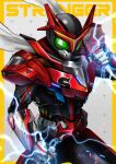  1boy absurdres electricity embers green_eyes highres kamen_rider kamen_rider_stronger kamen_rider_stronger_(series) keen_fai looking_down male_focus power_armor science_fiction solo tokusatsu 