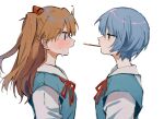  2girls ayanami_rei bangs blue_eyes blue_hair blush commentary_request dango_(uni_520) food hair_between_eyes hair_ornament long_hair looking_at_another multiple_girls neckerchief neon_genesis_evangelion open_mouth orange_hair pocky pocky_kiss red_eyes red_ribbon ribbon school_uniform short_hair short_sleeves simple_background souryuu_asuka_langley sweat white_background yuri 