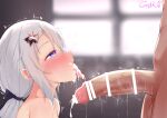  1boy 1girl 9a-91_(girls&#039;_frontline) after_fellatio artist_name bangs bar_censor black_ribbon blurry blurry_background blush censored completely_nude cum cum_in_mouth cum_on_tongue depth_of_field facial fellatio from_side girls&#039;_frontline gmkj hair_ornament hair_ribbon heart heart-shaped_pupils hetero large_penis long_hair low_ponytail nude open_mouth oral penis profile ribbon saliva signature silver_hair solo_focus star_(symbol) star_hair_ornament symbol-shaped_pupils tongue tongue_out upper_body veins veiny_penis 