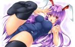  1girl animal_ears ass_visible_through_thighs blue_swimsuit blush breasts cameltoe eyebrows_visible_through_hair feet groin highres impossible_clothes kamiya_tomoe large_breasts light_purple_hair long_hair looking_at_viewer looking_down no_pants no_shoes one-piece_swimsuit open_mouth rabbit_ears rabbit_girl red_eyes reisen_udongein_inaba school_swimsuit soles solo swimsuit touhou very_long_hair 