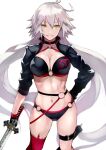  1girl ahoge belt bikini black_bikini black_choker black_gloves breasts choker cleavage commentary_request fate/grand_order fate_(series) gloves hand_on_hip highres holding holding_sword holding_weapon jeanne_d&#039;arc_(alter_swimsuit_berserker)_(fate) jeanne_d&#039;arc_(fate) leg_belt long_hair looking_at_viewer medium_breasts navel o-ring shrug_(clothing) silver_hair simple_background smile solo swimsuit sword very_long_hair weapon white_background yellow_eyes yoshio_(55level) 