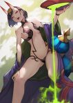  1girl absurdres alcohol ass_visible_through_thighs bangs bare_shoulders bob_cut breasts collarbone commentary_request cup eyeshadow fangs fate/grand_order fate_(series) gourd hand_on_own_knee headpiece highres horns japanese_clothes kimono looking_at_viewer makeup navel off_shoulder oni oni_horns open_clothes open_kimono open_mouth pointy_ears purple_eyes purple_hair purple_kimono revealing_clothes sakazuki short_eyebrows short_hair shuten_douji_(fate) small_breasts smile solo thighs yoshio_(55level) 